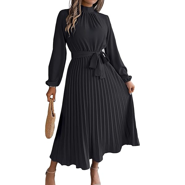Solid Dresses for Women 2024 Mock Neck Long Sleeve Pleated A Line